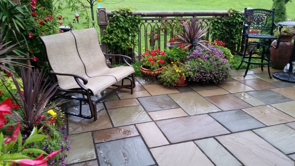 Foto di un piccolo patio o portico minimal dietro casa con piastrelle, un giardino in vaso e nessuna copertura
