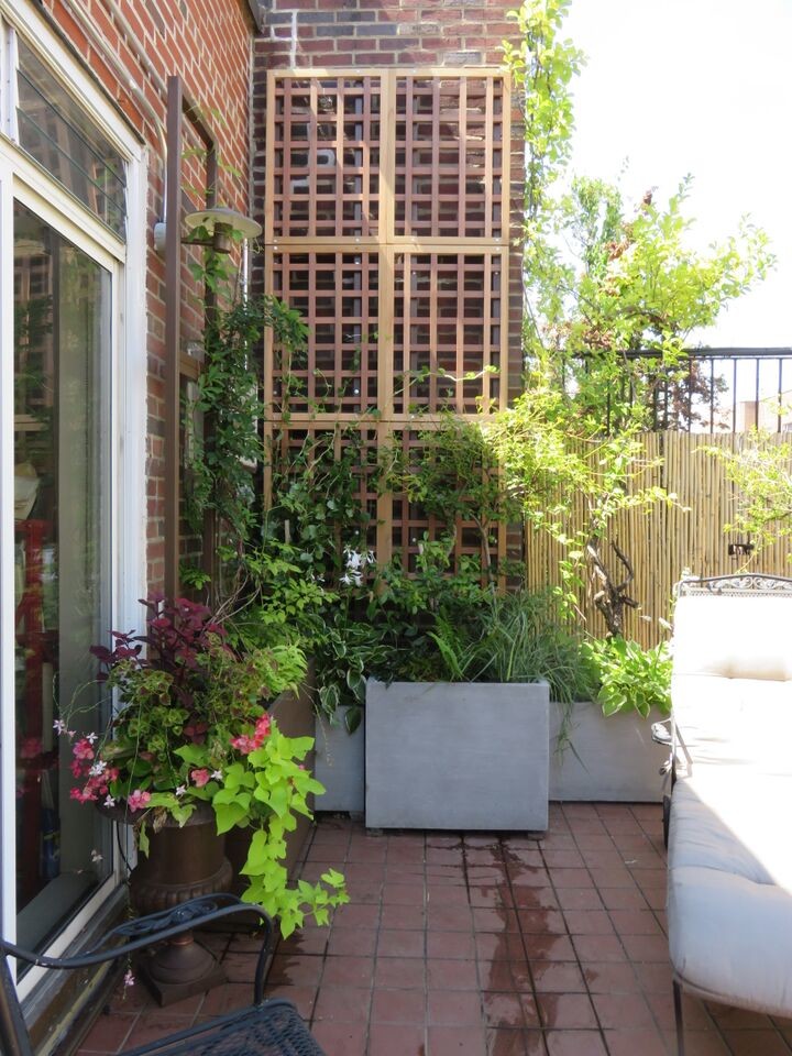 Idee per un patio o portico chic di medie dimensioni e in cortile con piastrelle e nessuna copertura