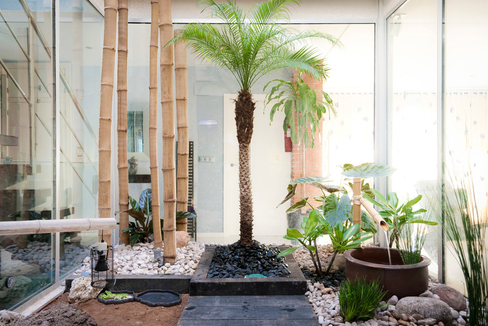 Идея дизайна: маленький двор на внутреннем дворе в современном стиле с растениями в контейнерах и покрытием из гравия для на участке и в саду