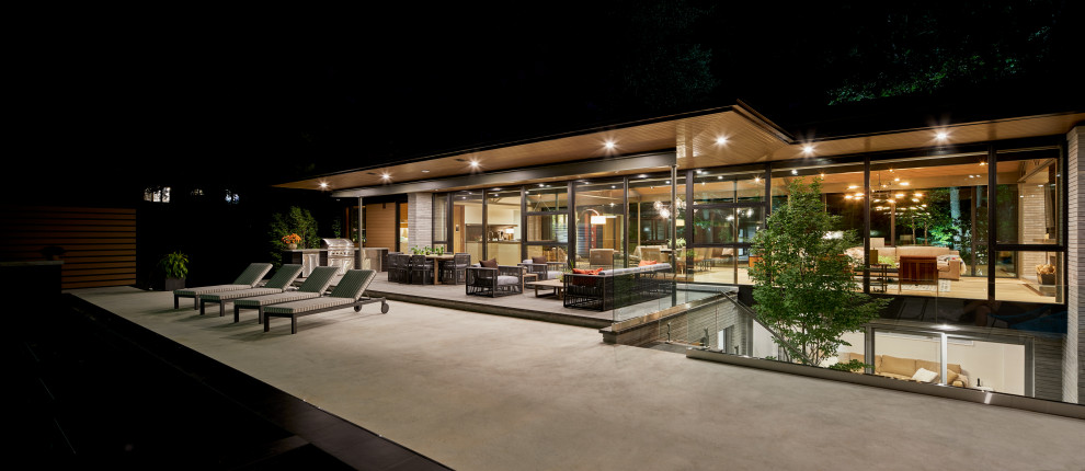 Idee per un grande patio o portico minimal dietro casa con lastre di cemento e un tetto a sbalzo