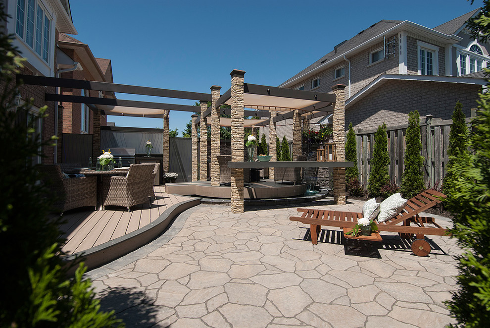 This is an example of a medium sized classic back patio in Toronto with a water feature and decking.