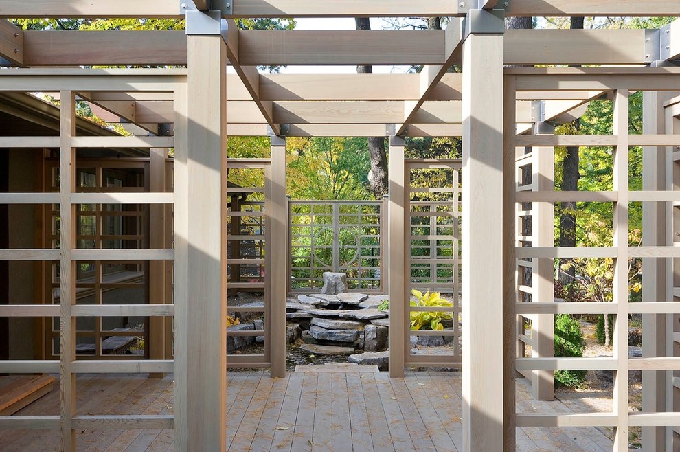 Idee per un patio o portico minimal di medie dimensioni e in cortile con fontane, ghiaia e una pergola