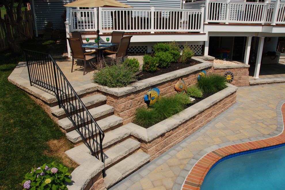 Стильный дизайн: двор на заднем дворе в классическом стиле с фонтаном и мощением тротуарной плиткой - последний тренд