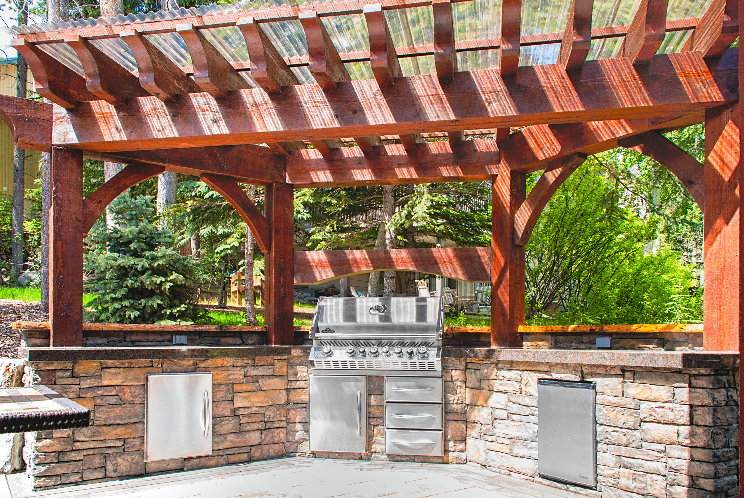 Timber Frame Pergola Bbq Stonework Rustic Patio Calgary By Solkor Creating Stunning Outdoor Living Spaces Houzz