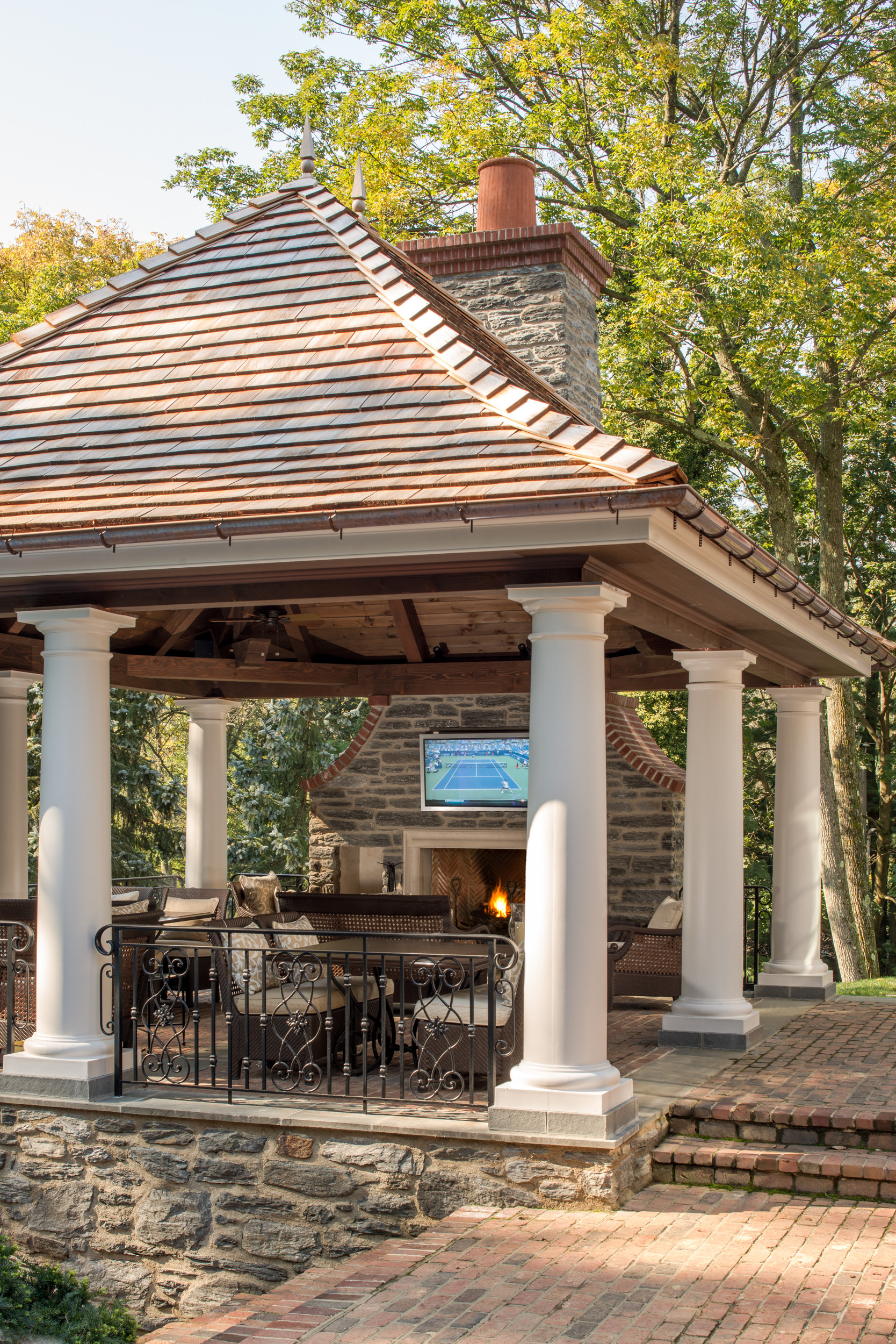 screened pavilions with fireplace on Timber Frame Pavilion Houzz
