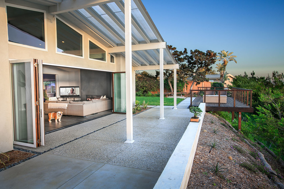 Ispirazione per un patio o portico minimal di medie dimensioni e dietro casa con lastre di cemento e un tetto a sbalzo