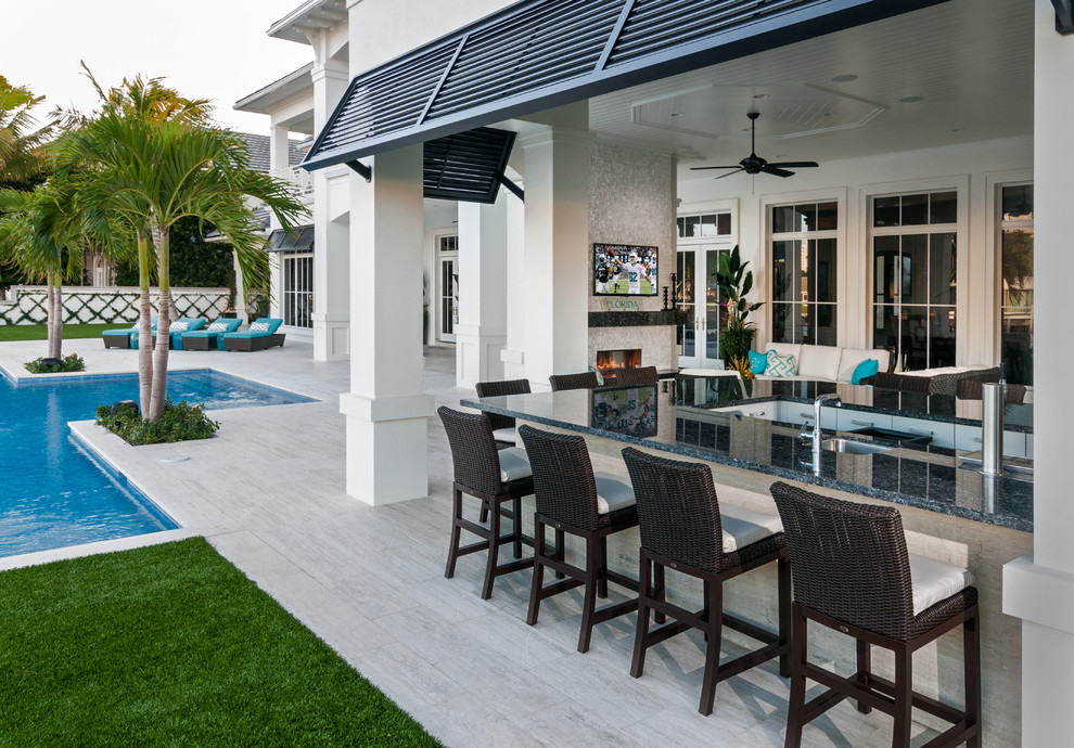 Travertine Pool Deck & Granite Bar Top Contemporary Patio Miami