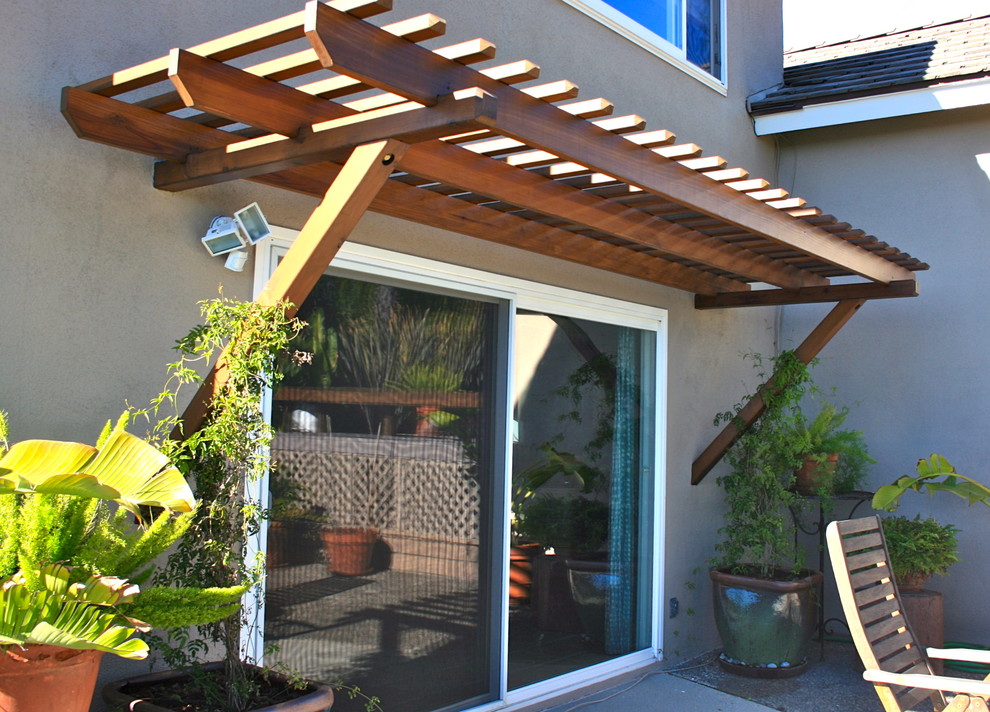 This is an example of a medium sized traditional back patio in Los Angeles with a potted garden and a pergola.