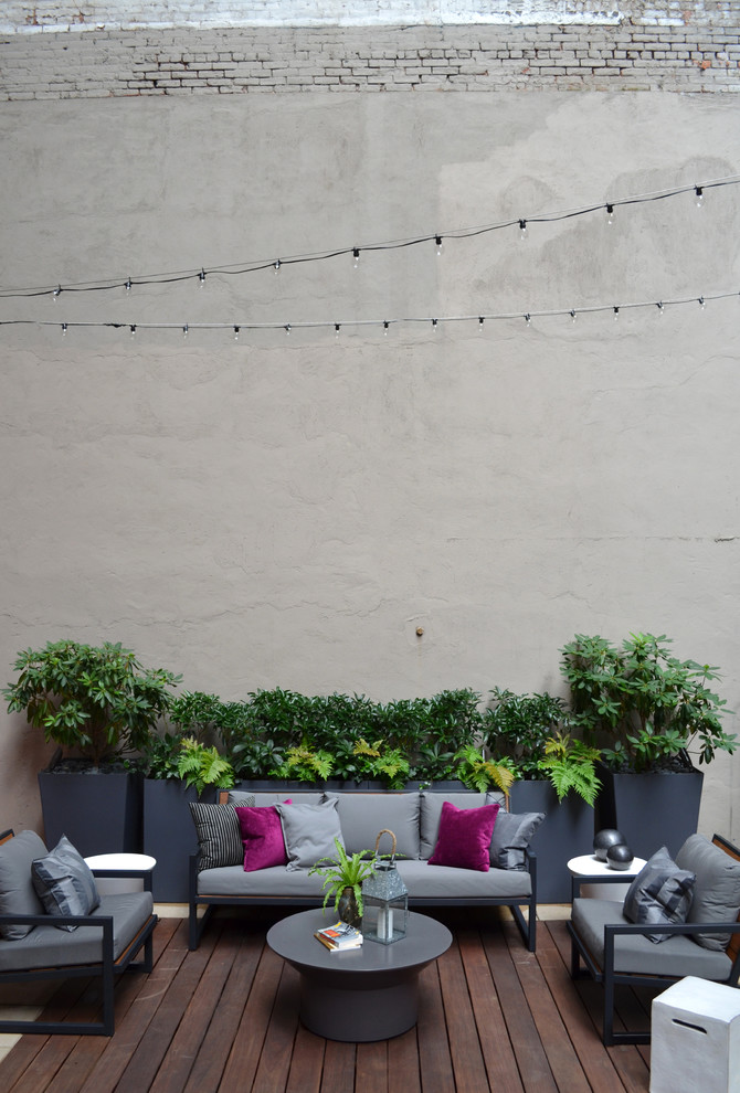 Свежая идея для дизайна: большой двор на заднем дворе в современном стиле с настилом без защиты от солнца - отличное фото интерьера