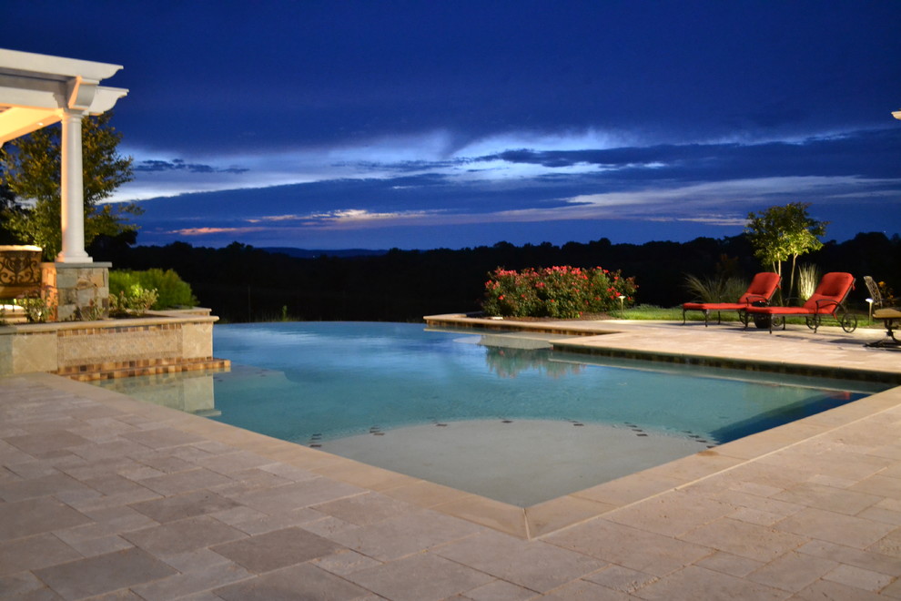 Tumbled Travertine Pool Deck and Bullnosed Pool Coping Traditional