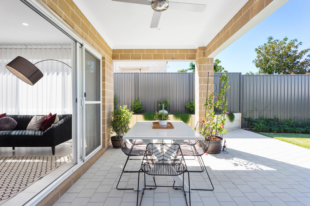 Esempio di un patio o portico minimal dietro casa con un giardino in vaso, pavimentazioni in cemento e un tetto a sbalzo