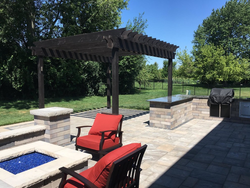 Unilock Beacon Hill Paver Patio, gas fire pit and Pergola Patio