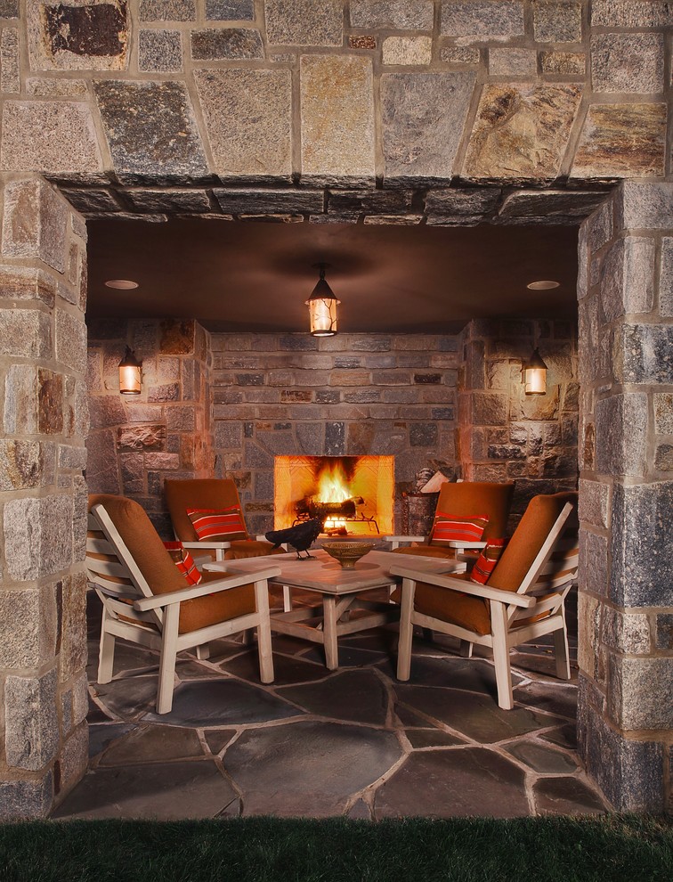 Inspiration for a traditional patio in Detroit with a fire feature.
