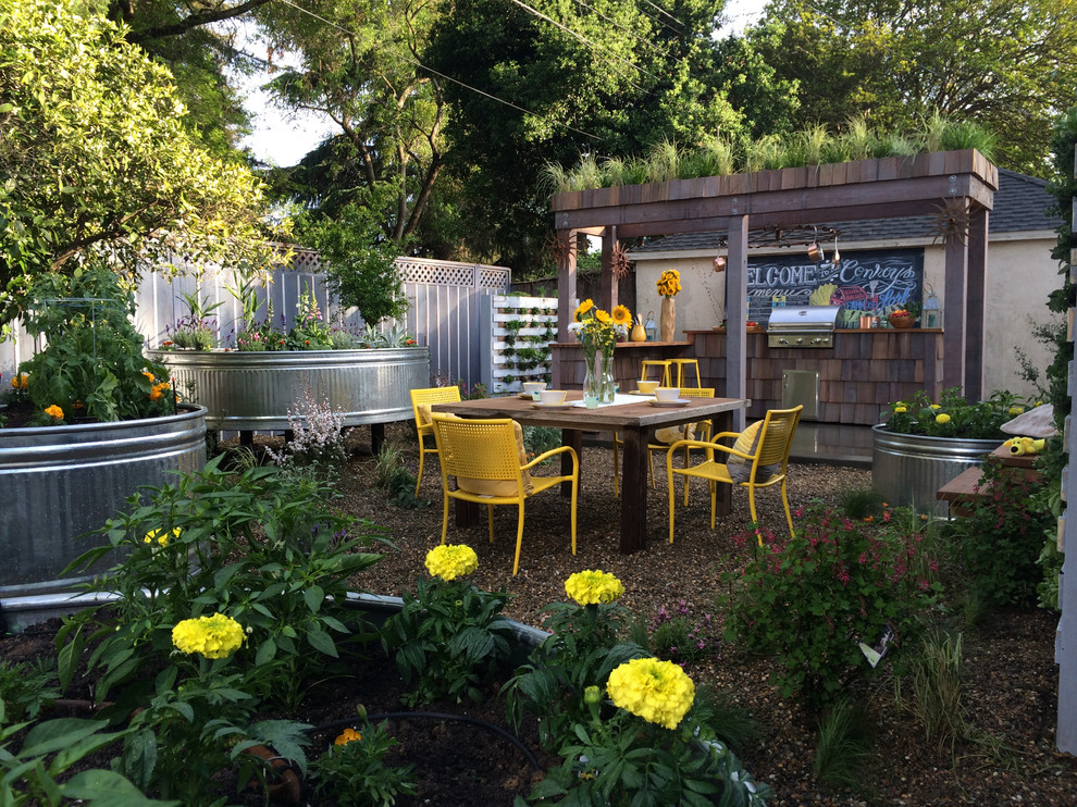 Стильный дизайн: двор на заднем дворе в стиле кантри с летней кухней без защиты от солнца - последний тренд
