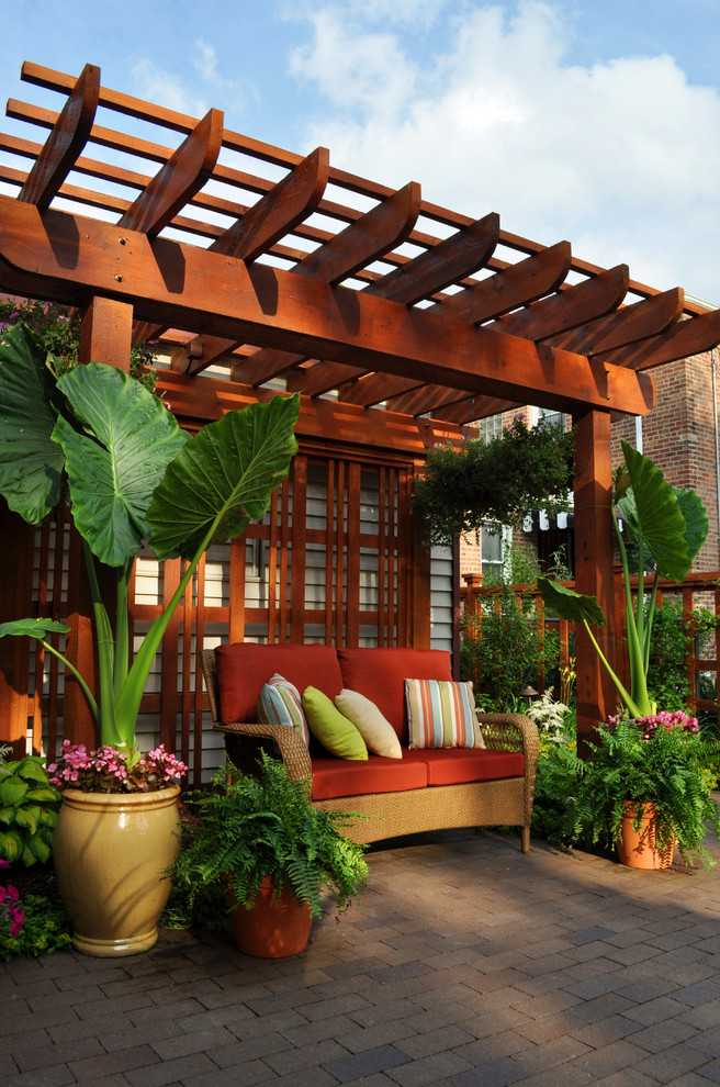 Idee per un piccolo patio o portico tropicale dietro casa con un giardino in vaso, pavimentazioni in mattoni e una pergola