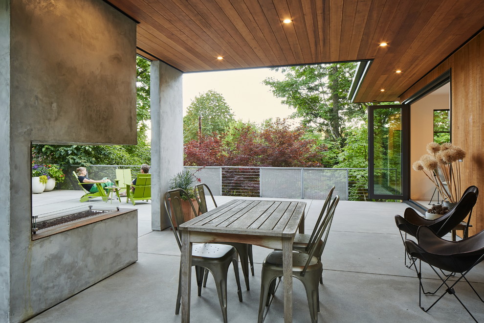 Ispirazione per un grande patio o portico contemporaneo nel cortile laterale con un focolare, lastre di cemento e un tetto a sbalzo