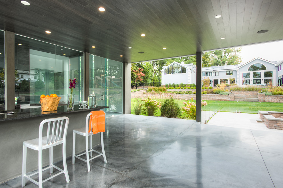 Inspiration pour une grande terrasse arrière design avec une cuisine d'été, une dalle de béton et une extension de toiture.