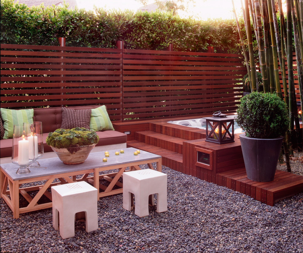 Example of a mid-sized trendy backyard gravel patio design in Los Angeles with no cover