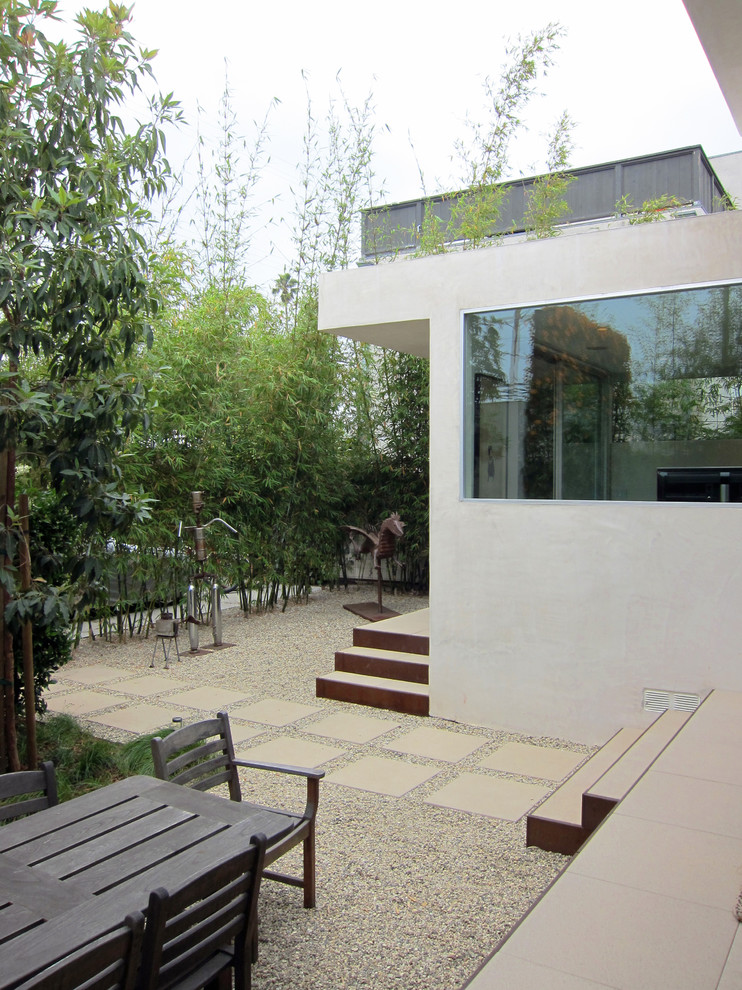 Источник вдохновения для домашнего уюта: двор в стиле модернизм с покрытием из гравия без защиты от солнца