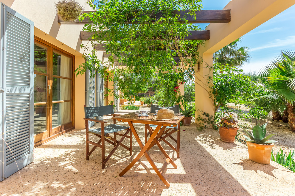 Modelo de patio mediterráneo grande en patio trasero y anexo de casas con jardín de macetas