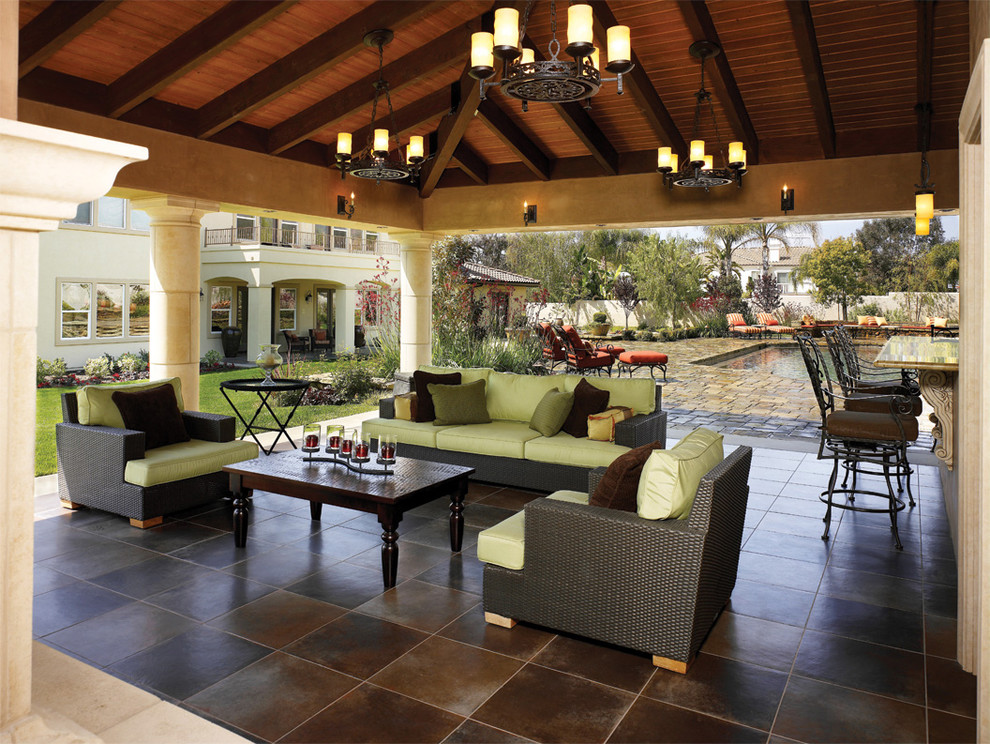 Inspiration for a mediterranean patio in Los Angeles with a gazebo and a bar area.