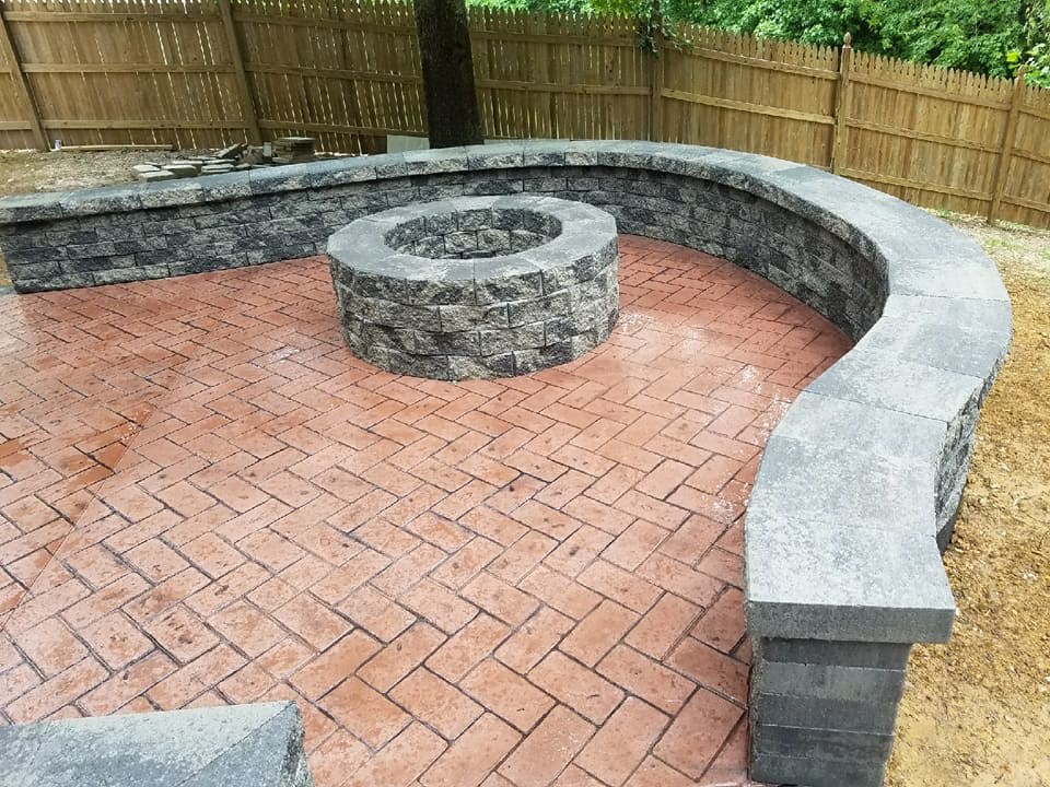 W Stamped Concrete Patio Walkway Block Wall And Fire Pit Traditional Other By Haijoe Patios Decks Houzz - Stamped Concrete Block Retaining Wall