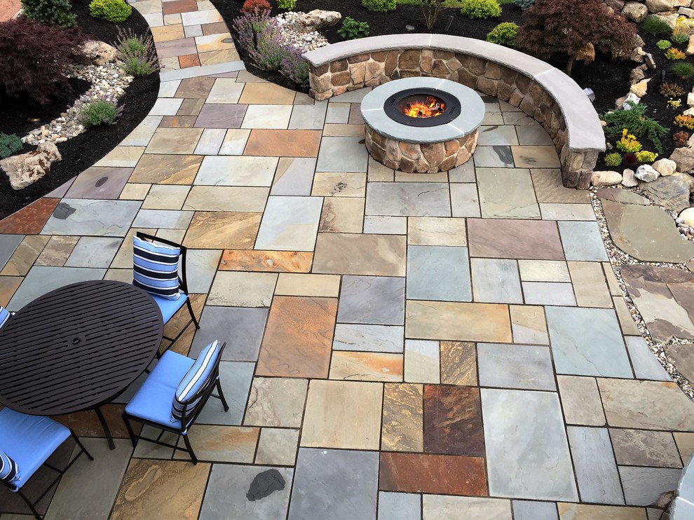 Warren, NJ Bluestone patio & walkway with fire pit and water feature