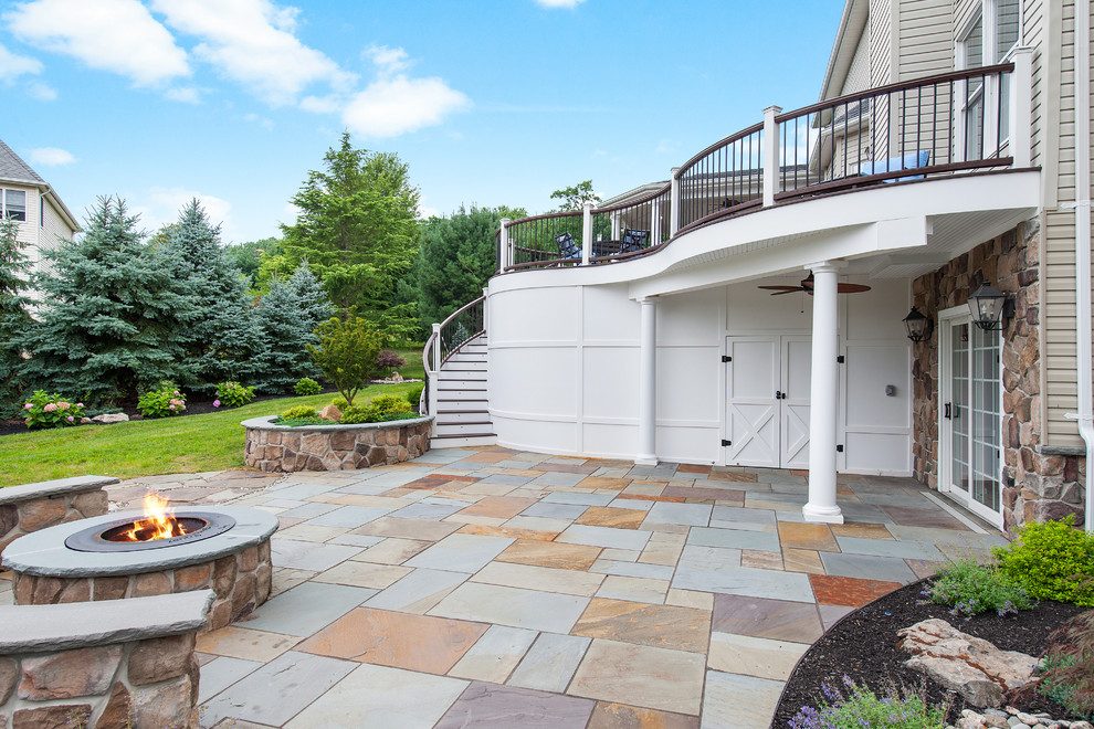 Warren, NJ Bluestone patio, walkway, fire pit and water feature