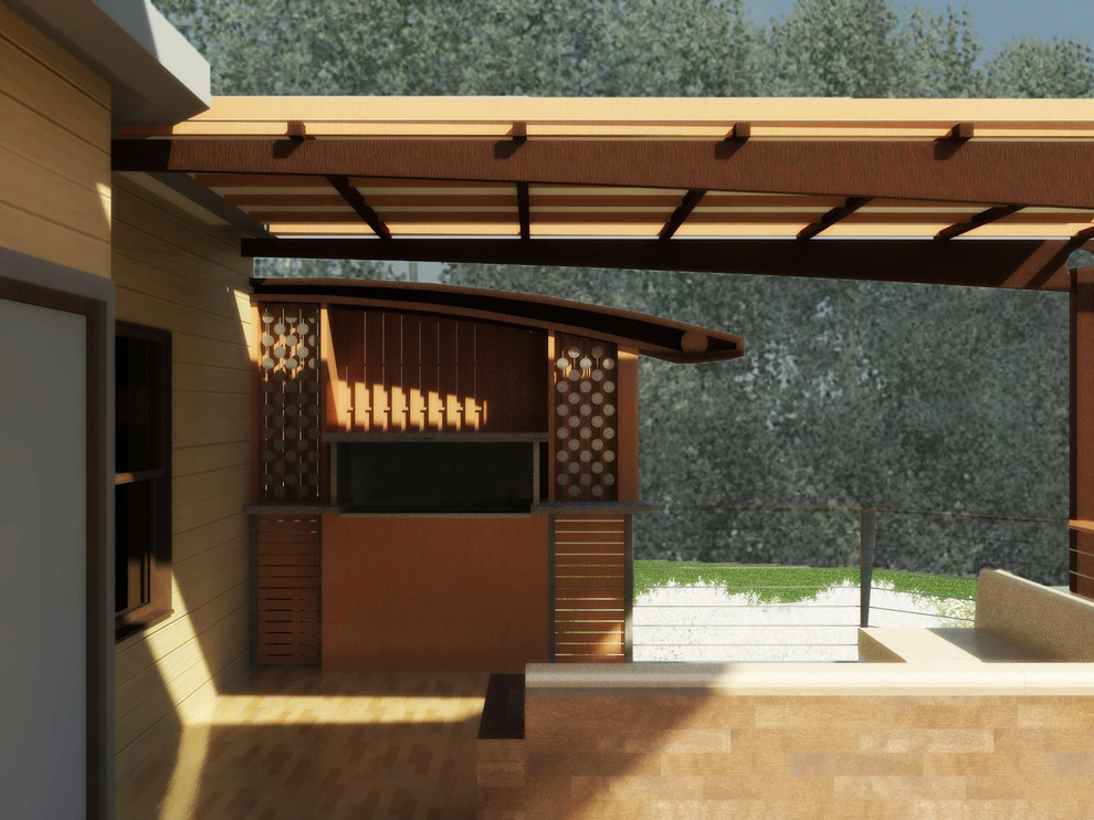 Ispirazione per un patio o portico minimalista di medie dimensioni con pedane e un gazebo o capanno