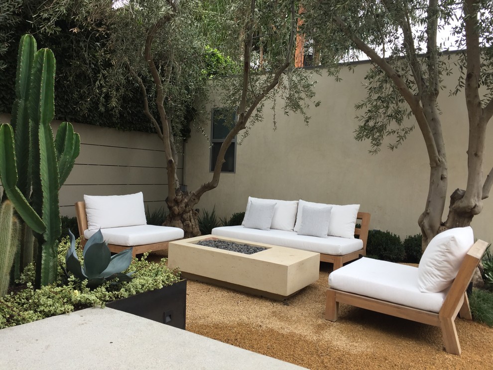 Idée de décoration pour une terrasse arrière minimaliste de taille moyenne avec un foyer extérieur, un gravier de granite et aucune couverture.