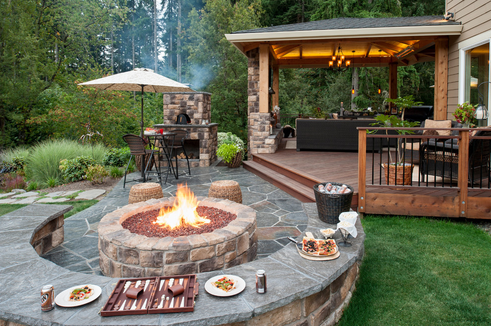 Patio - traditional patio idea in Portland with a fire pit