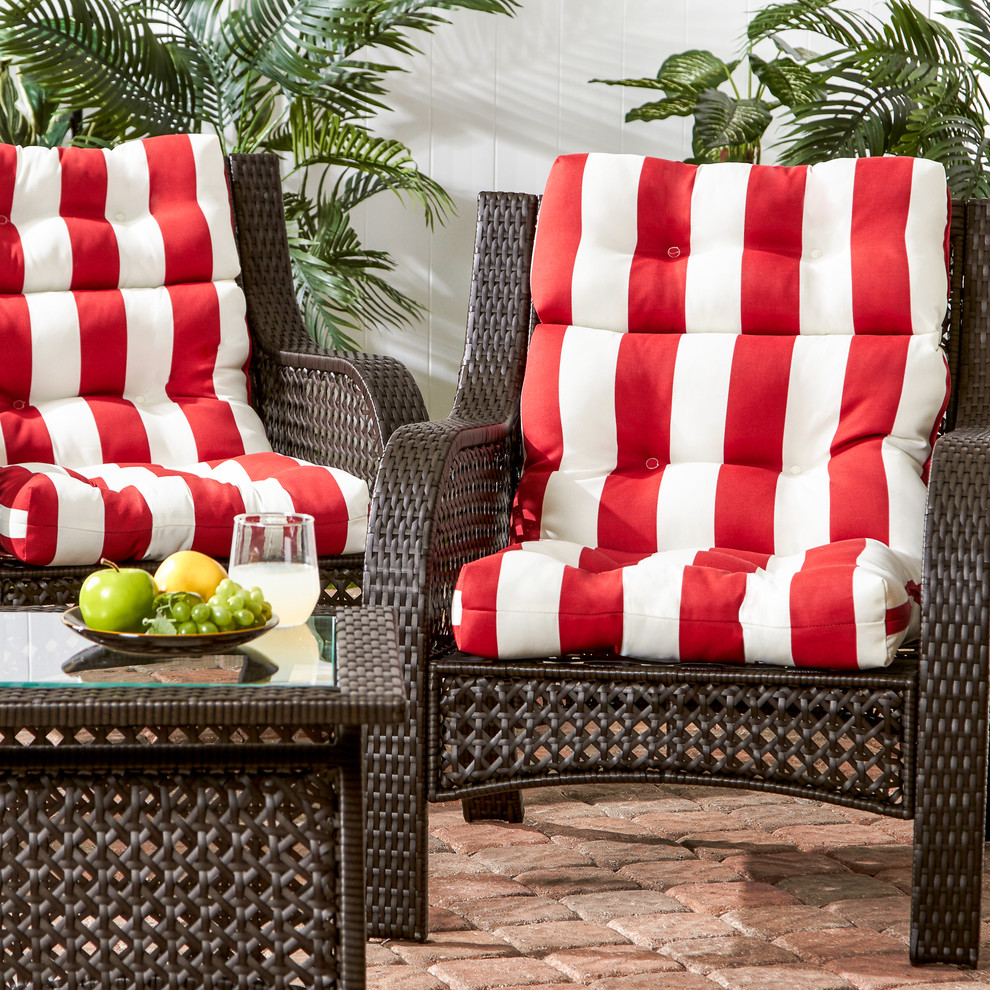 Wicker Woven Chairs with White and Red Stripe Cushions - Tropical