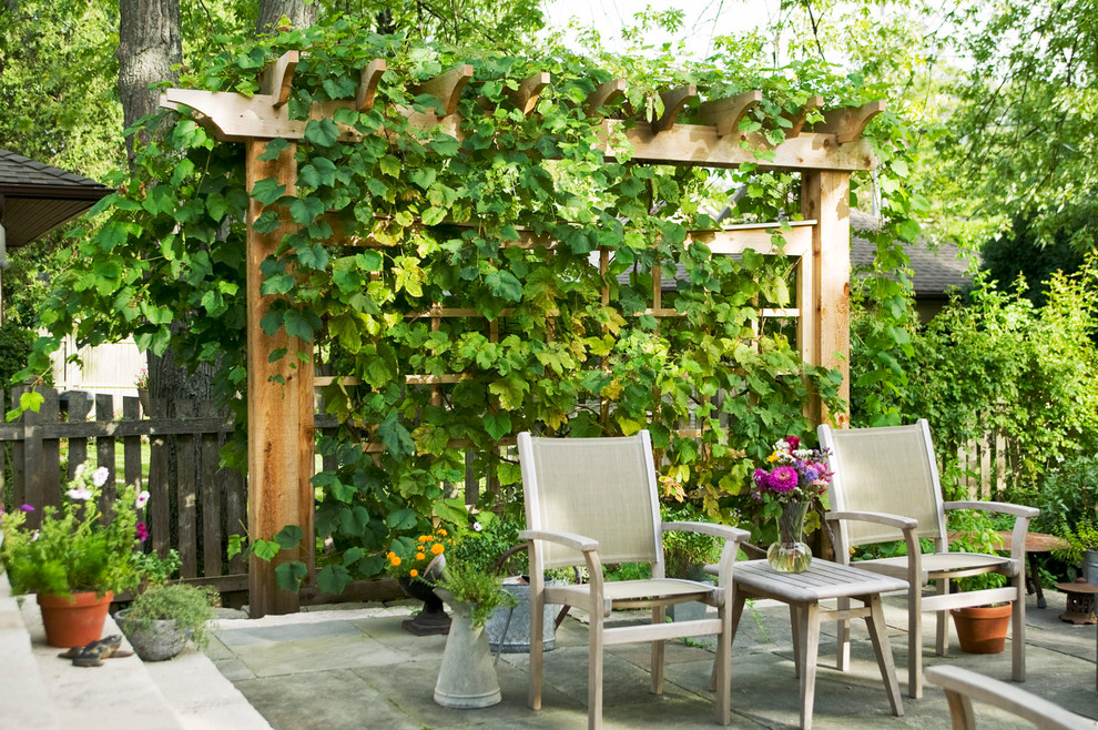 Пример оригинального дизайна: двор на заднем дворе в классическом стиле с покрытием из каменной брусчатки и вертикальным садом