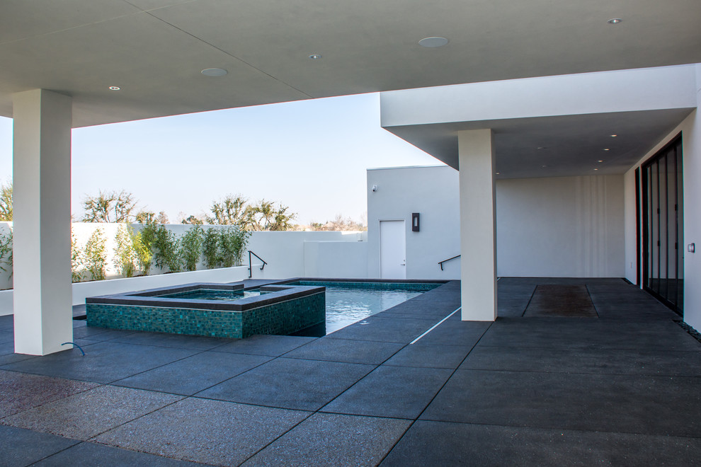 Cette photo montre une grande terrasse arrière tendance avec une dalle de béton, un point d'eau et une extension de toiture.