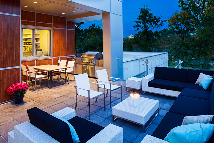 Exemple d'une grande terrasse arrière moderne avec une cuisine d'été, des pavés en béton et une extension de toiture.