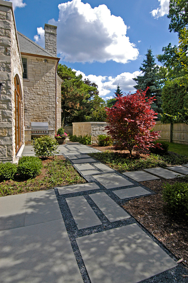Inspiration for a mid-sized timeless backyard concrete paver patio remodel in Chicago with a fire pit and no cover