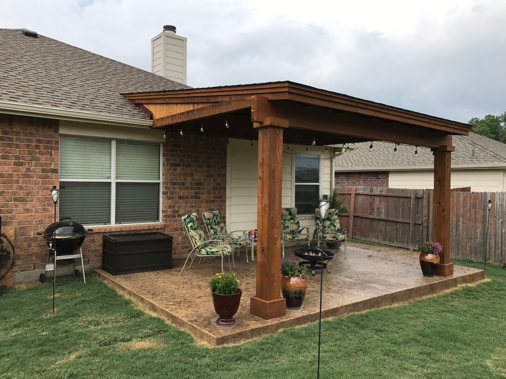 Wylie Shed style patio cover with gable and stamped concrete