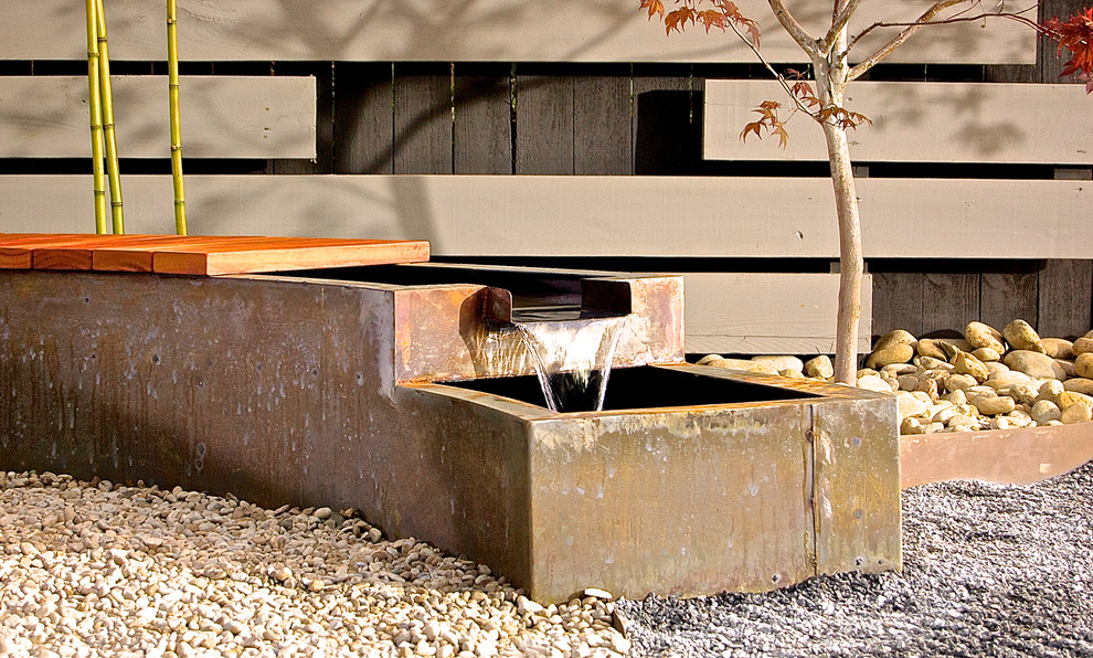 Inspiration for a mid-sized backyard gravel patio fountain remodel in Nashville with no cover
