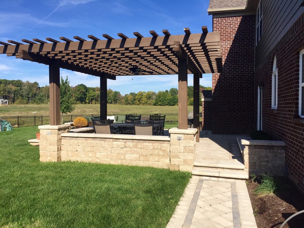 Esempio di un patio o portico design di medie dimensioni e dietro casa con un focolare, pavimentazioni in cemento e una pergola