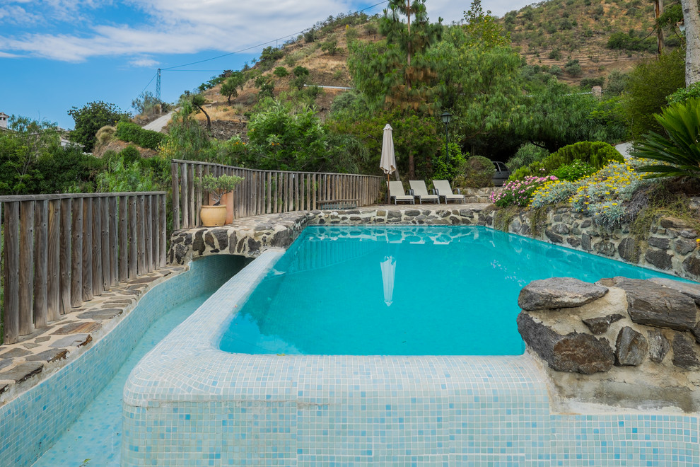Mid-sized mountain style side yard rectangular lap pool house photo in Malaga