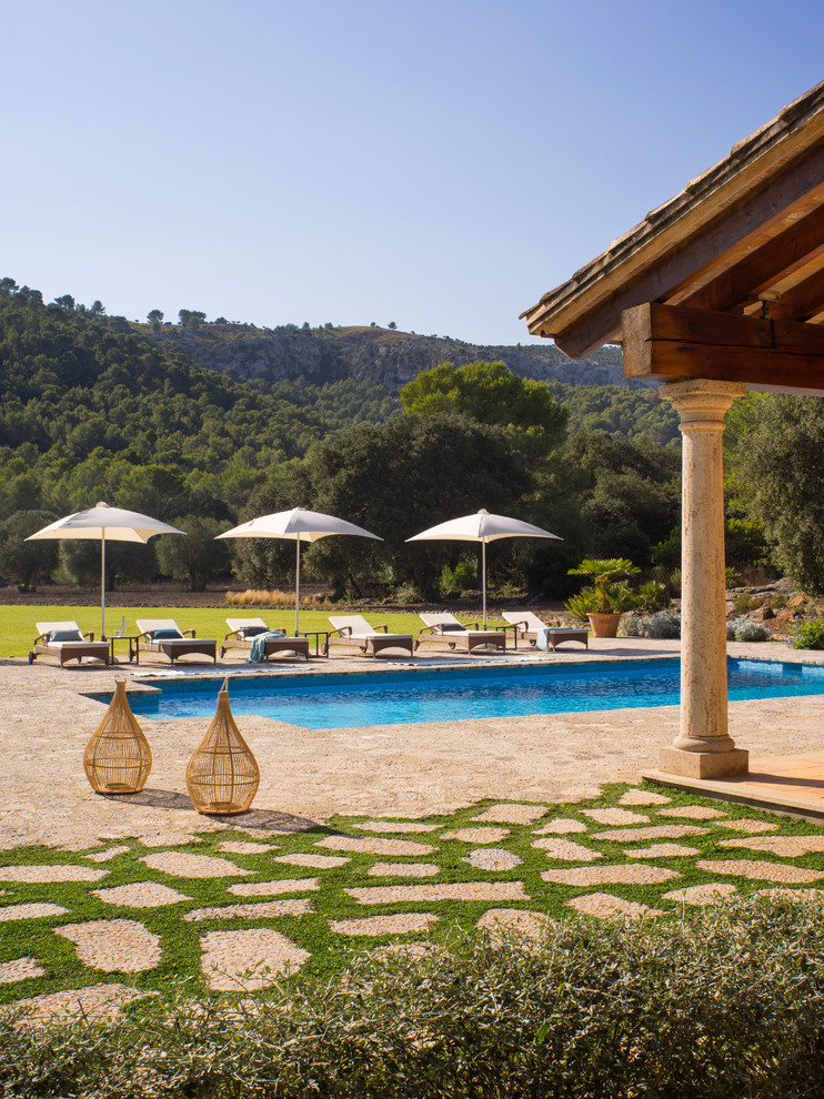 Large tuscan backyard rectangular pool photo in Other