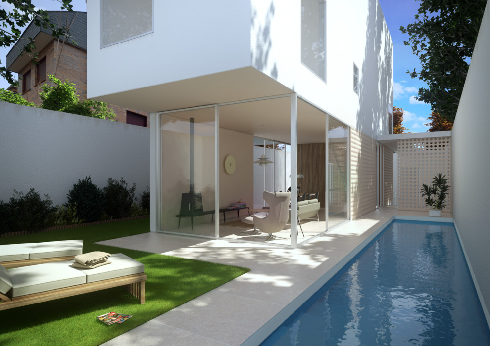 Ejemplo de casa de la piscina y piscina alargada contemporánea de tamaño medio rectangular en patio lateral