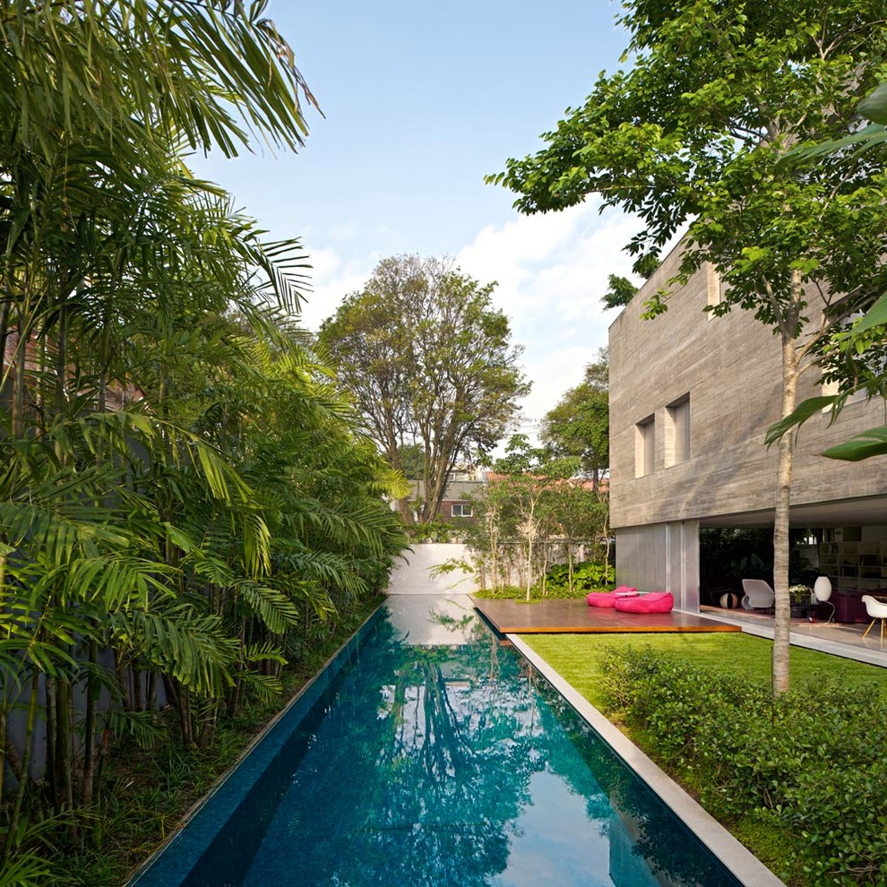 Esempio di una piscina monocorsia tropicale rettangolare di medie dimensioni e nel cortile laterale con una dépendance a bordo piscina