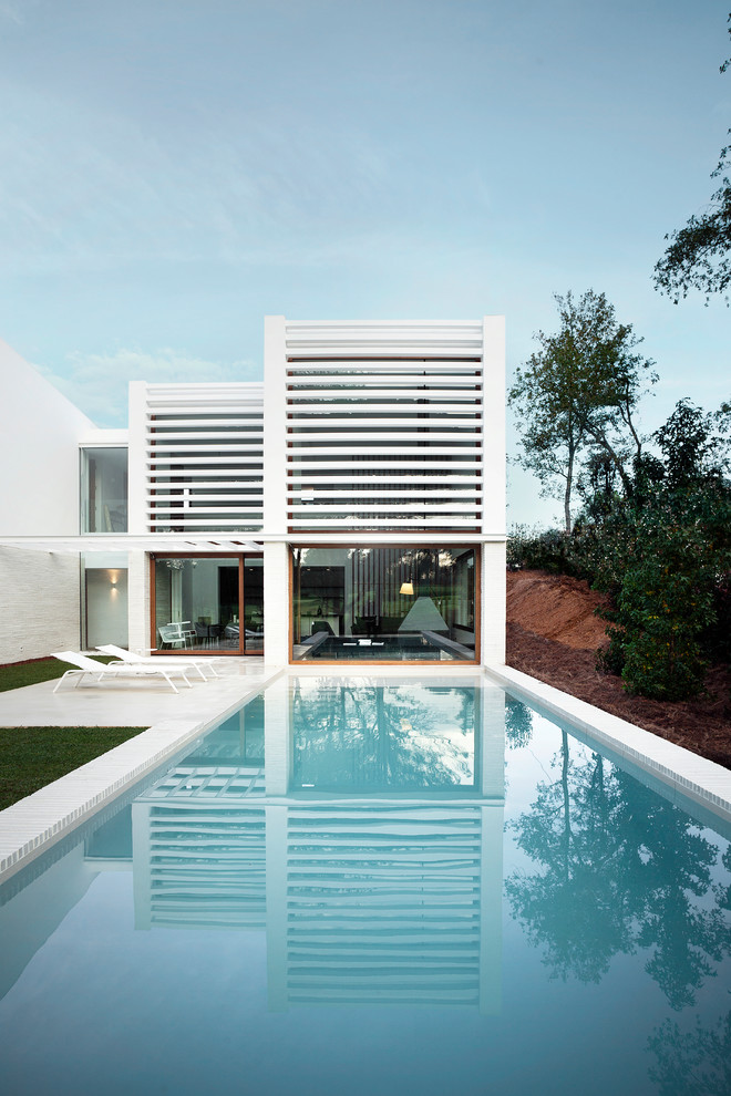Immagine di una grande piscina monocorsia minimalista rettangolare dietro casa