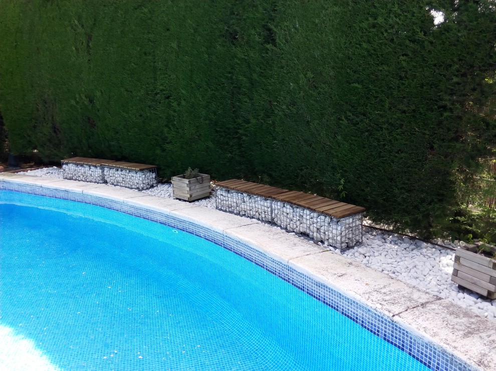 Foto de casa de la piscina y piscina alargada clásica renovada de tamaño medio rectangular en patio delantero