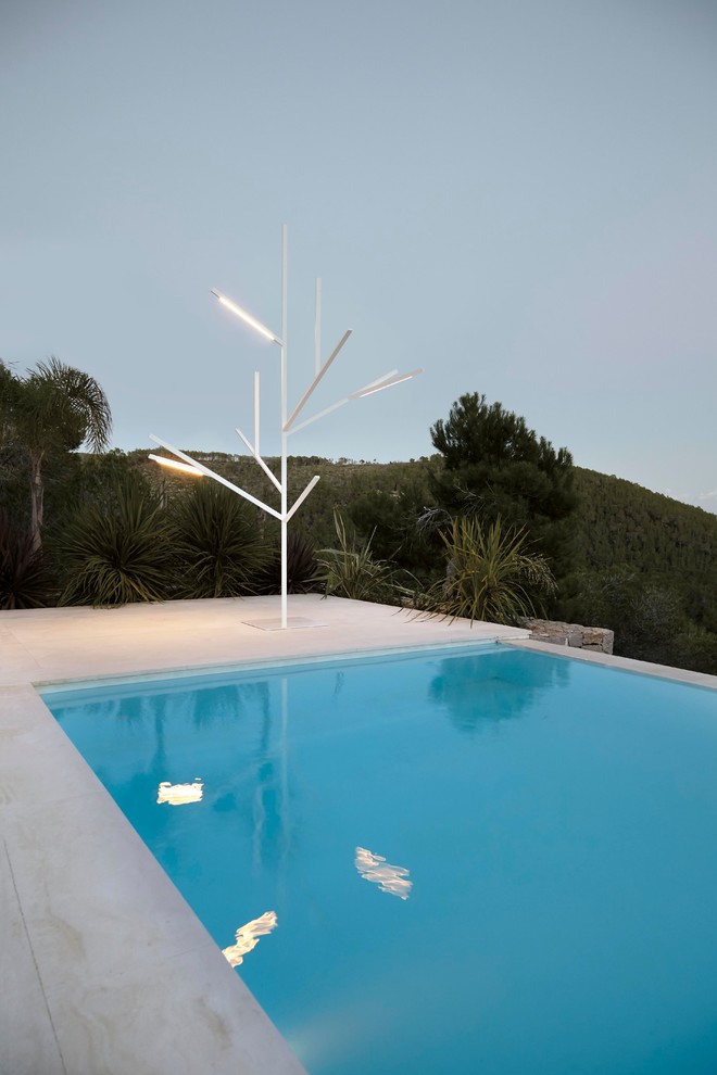 Стильный дизайн: большой прямоугольный бассейн-инфинити в современном стиле с домиком у бассейна - последний тренд