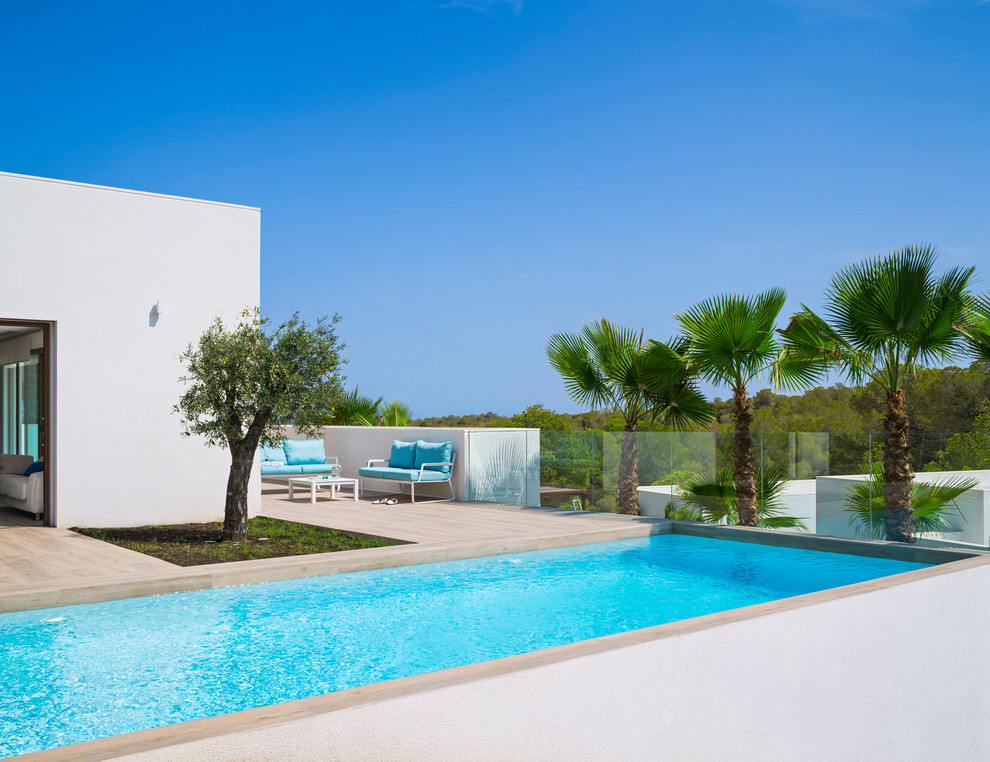 Foto de casa de la piscina y piscina alargada minimalista grande rectangular en patio trasero