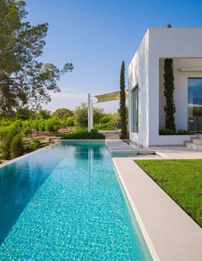 Ispirazione per una piscina a sfioro infinito minimalista rettangolare di medie dimensioni e nel cortile laterale con una dépendance a bordo piscina