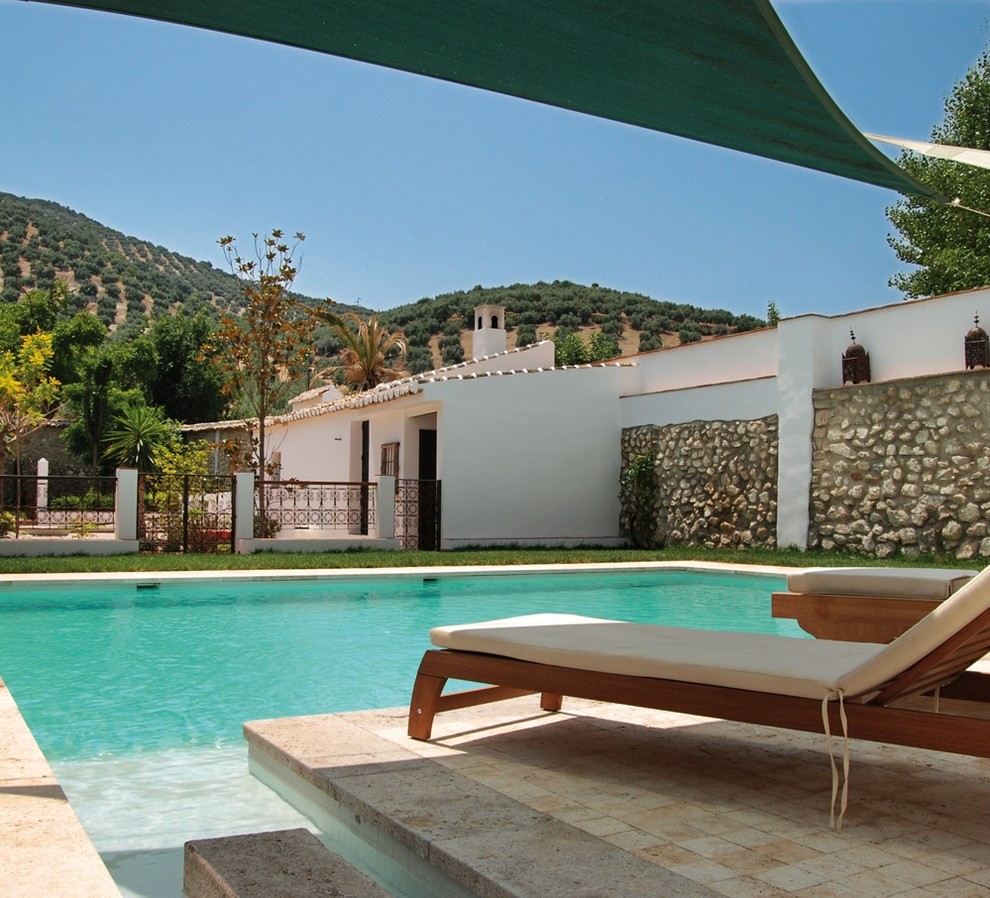 Immagine di una piscina monocorsia stile rurale rettangolare di medie dimensioni e nel cortile laterale con una dépendance a bordo piscina