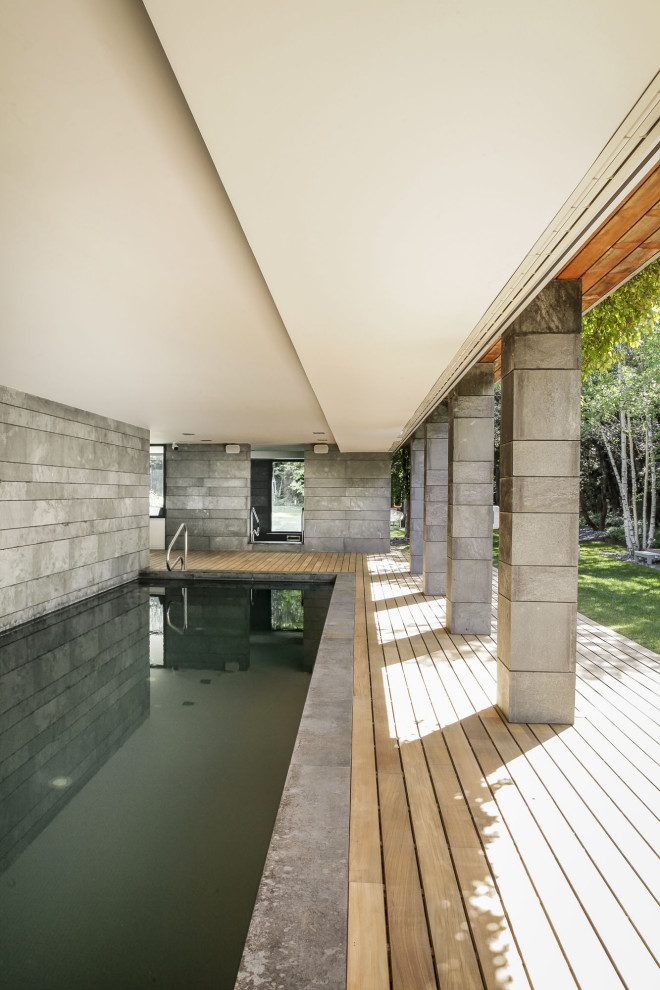 Imagen de piscina alargada actual rectangular con entablado